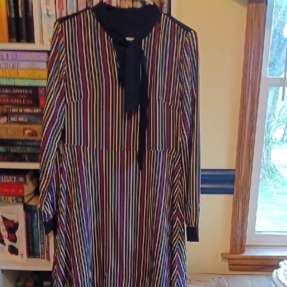 Modcloth Womens Rainbow Striped Long Sleeve Dress with Tie-Neck Size Medium